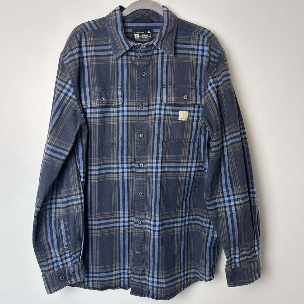 CARHARTT Men's Large Tall Blue Plaid Loose Fit Heavyweight Flannel Shirt Shacket